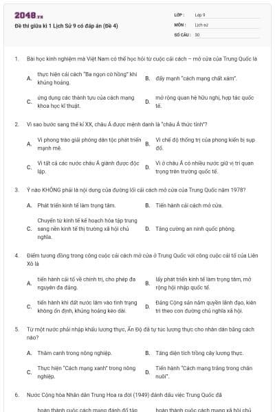 Đề thi giữa kì 1 Lịch Sử 9 có đáp án (Đề 4)