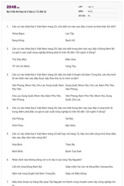 Bộ 4   Đề thi Học kì 2 Địa Lí 12 (Đề 3)