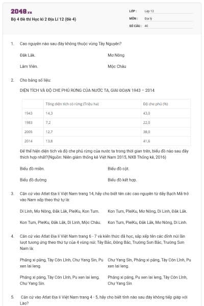 Bộ 4   Đề thi Học kì 2 Địa Lí 12 (Đề 4)