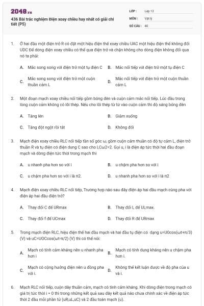 436 Bài trắc nghiệm Điện xoay chiều hay nhất có giải chi tiết (P5)