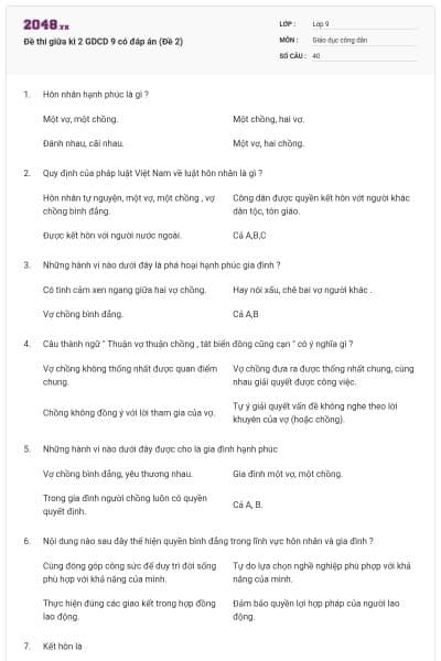 Đề thi giữa kì 2 GDCD 9 có đáp án (Đề 2)