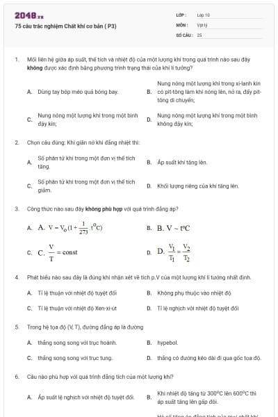 75 câu trắc nghiệm Chất khí cơ bản ( P3)