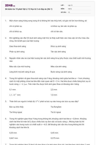 Đề kiểm tra 15 phút Vật Lí 12 Học kì 2 có đáp án (Đề 1)