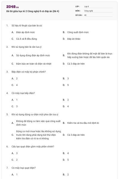 Đề thi giữa học kì 2 Công nghệ 8 có đáp án (Đề 4)