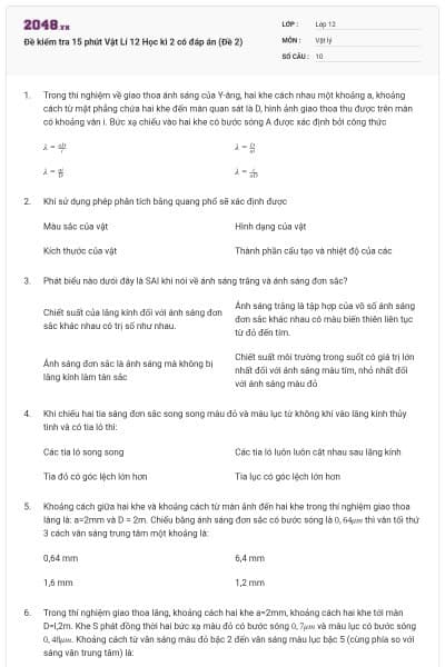 Đề kiểm tra 15 phút Vật Lí 12 Học kì 2 có đáp án (Đề 2)