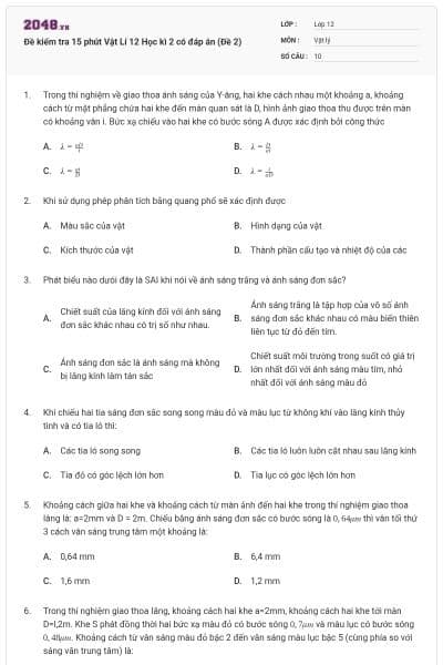 Đề kiểm tra 15 phút Vật Lí 12 Học kì 2 có đáp án (Đề 2)