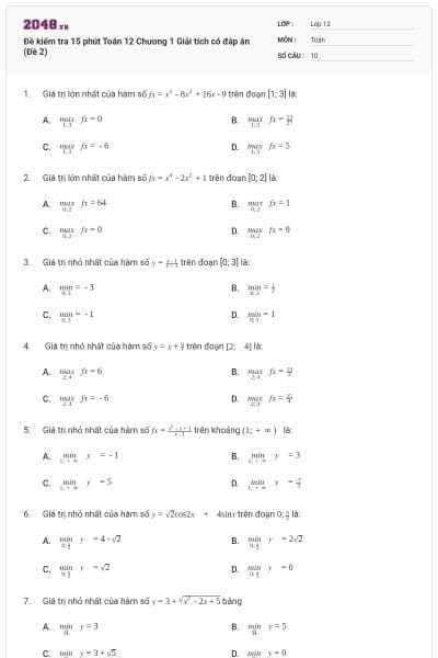 Đề kiểm tra 15 phút Toán 12 Chương 1 Giải tích có đáp án (Đề 2)
