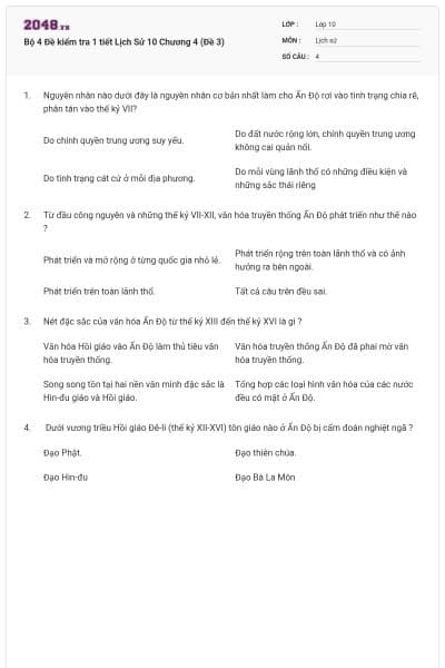 Bộ 4  Đề kiểm tra 1 tiết Lịch Sử 10 Chương 4 (Đề 3)