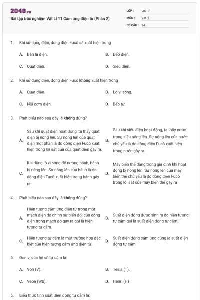 Bài tập trắc nghiệm Vật Lí 11 Cảm ứng điện từ (Phần 2)