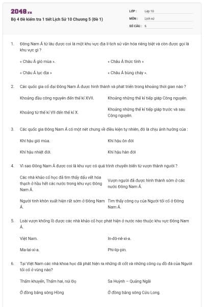 Bộ 4  Đề kiểm tra 1 tiết Lịch Sử 10 Chương 5 (Đề 1)