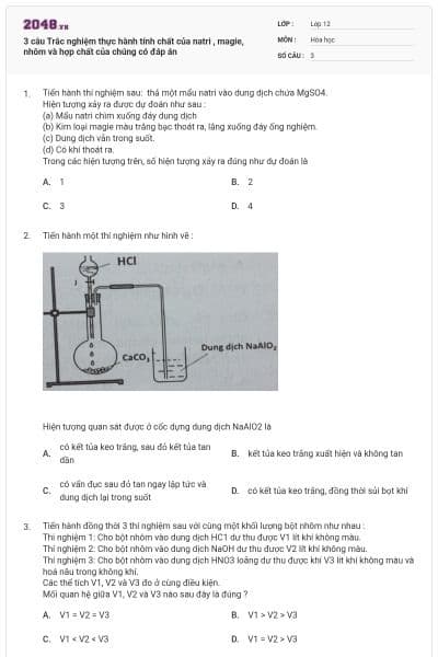 3 câu Trắc nghiệm thực hành tính chất của natri , magie, nhôm và hợp chất của chúng có đáp án
