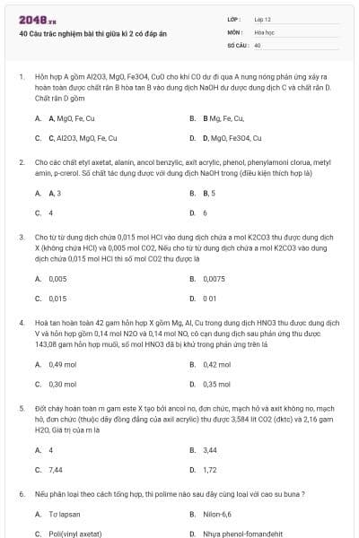 40 Câu trắc nghiệm bài thi giữa kì 2 có đáp án