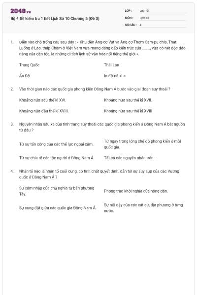 Bộ 4  Đề kiểm tra 1 tiết Lịch Sử 10 Chương 5 (Đề 3)