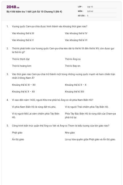 Bộ 4  Đề kiểm tra 1 tiết Lịch Sử 10 Chương 5 (Đề 4)