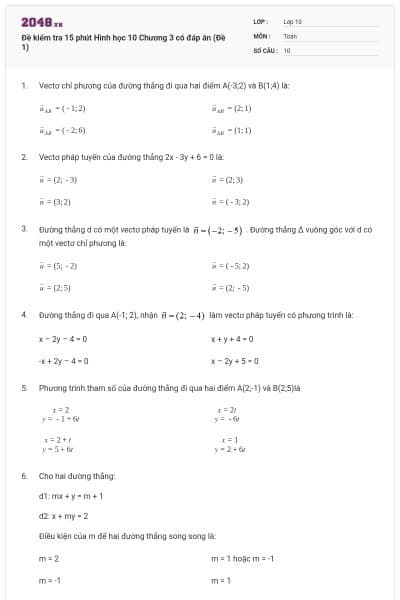 Đề kiểm tra 15 phút Hình học 10 Chương 3 có đáp án (Đề 1)