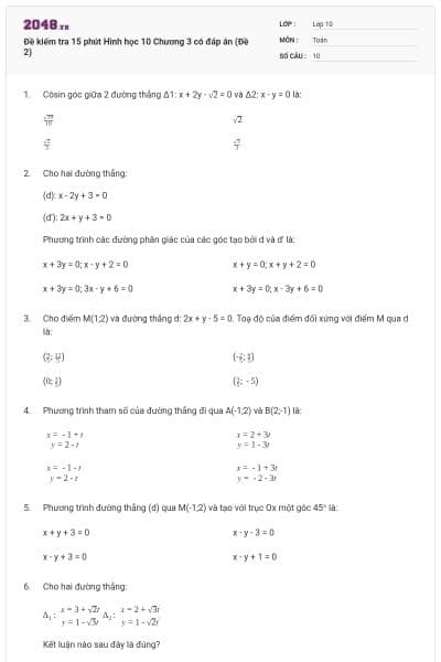 Đề kiểm tra 15 phút Hình học 10 Chương 3 có đáp án (Đề 2)
