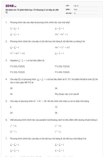 Đề kiểm tra 15 phút Hình học 10 Chương 3 có đáp án (Đề 3)