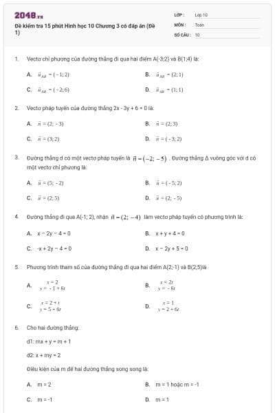 Đề kiểm tra 15 phút Hình học 10 Chương 3 có đáp án (Đề 1)