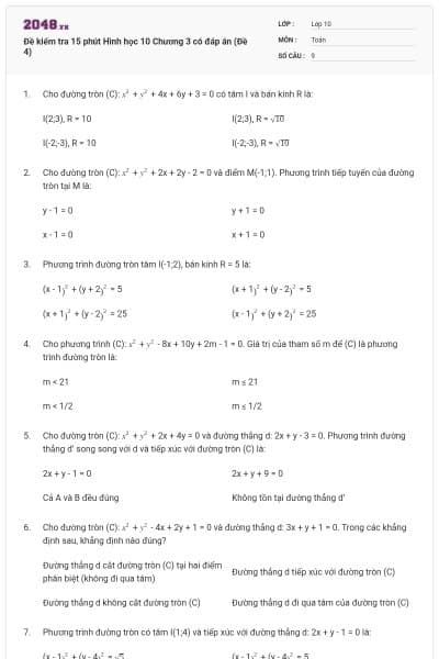 Đề kiểm tra 15 phút Hình học 10 Chương 3 có đáp án (Đề 4)