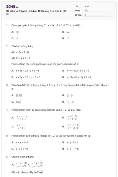 Đề kiểm tra 15 phút Hình học 10 Chương 3 có đáp án (Đề 2)
