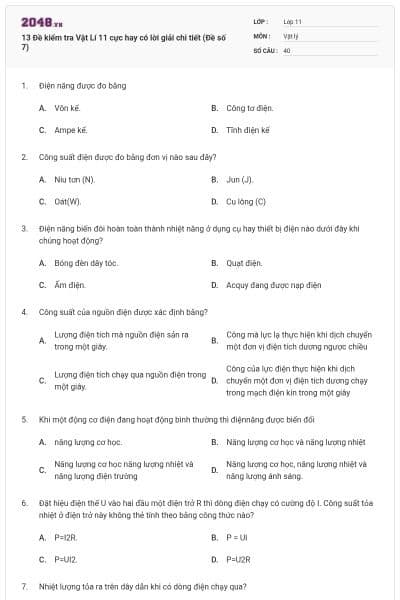 13 Đề kiểm tra Vật Lí 11 cực hay có lời giải chi tiết (Đề số 7)