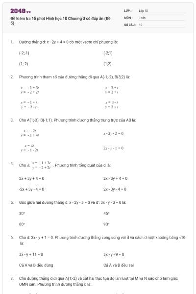 Đề kiểm tra 15 phút Hình học 10 Chương 3 có đáp án (Đề 5)