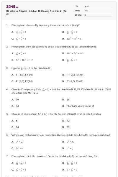 Đề kiểm tra 15 phút Hình học 10 Chương 3 có đáp án (Đề 3)