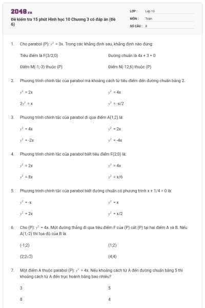 Đề kiểm tra 15 phút Hình học 10 Chương 3 có đáp án (Đề 6)