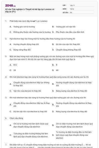 62 câu Trắc nghiệm Lí Thuyết và bài tập lực Lorenxo có đáp án (P1)