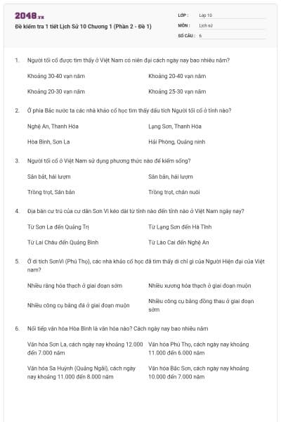 Đề kiểm tra 1 tiết Lịch Sử 10 Chương 1 (Phần 2 - Đề 1)