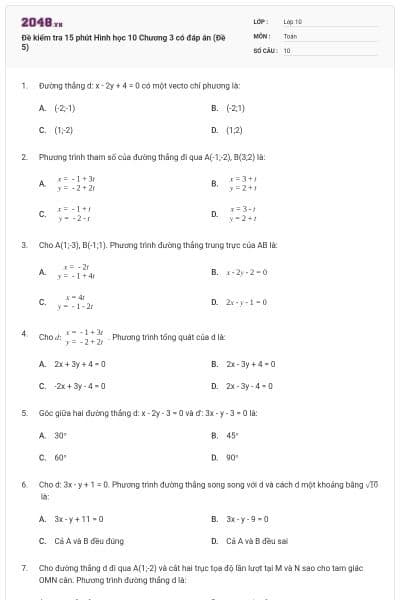 Đề kiểm tra 15 phút Hình học 10 Chương 3 có đáp án (Đề 5)