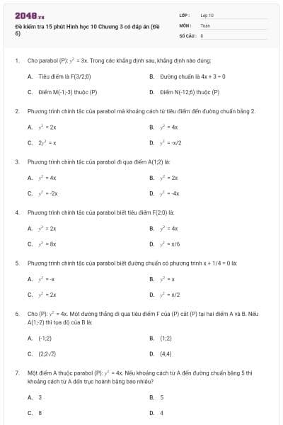 Đề kiểm tra 15 phút Hình học 10 Chương 3 có đáp án (Đề 6)