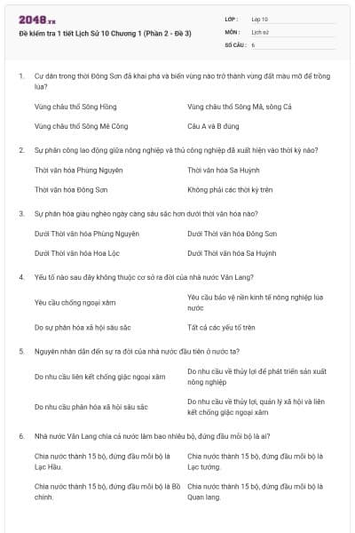 Đề kiểm tra 1 tiết Lịch Sử 10 Chương 1 (Phần 2 - Đề 3)