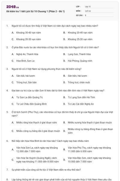 Đề kiểm tra 1 tiết Lịch Sử 10 Chương 1 (Phần 2 - Đề 1)