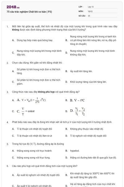 75 câu trắc nghiệm Chất khí cơ bản ( P3)