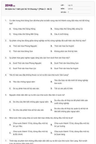 Đề kiểm tra 1 tiết Lịch Sử 10 Chương 1 (Phần 2 - Đề 3)