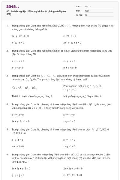 66 câu trắc nghiệm: Phương trình mặt phẳng có đáp án (P1)