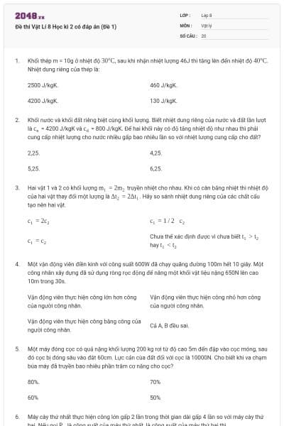 Đề thi Vật Lí 8 Học kì 2 có đáp án (Đề 1)