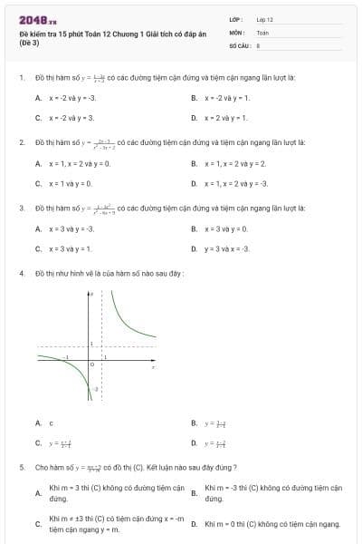 Đề kiểm tra 15 phút Toán 12 Chương 1 Giải tích có đáp án (Đề 3)