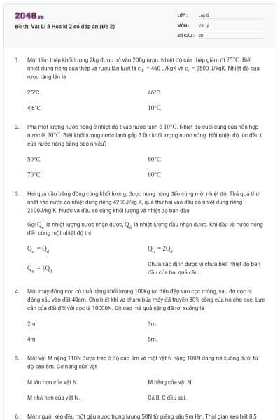Đề thi Vật Lí 8 Học kì 2 có đáp án (Đề 2)