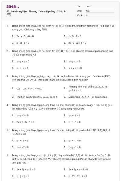 66 câu trắc nghiệm: Phương trình mặt phẳng có đáp án (P1)