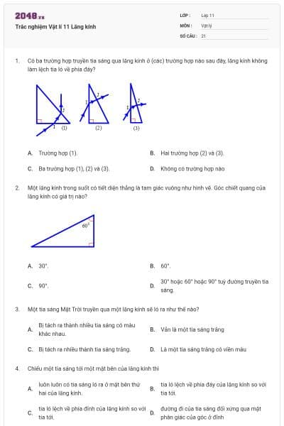 Trắc nghiệm Vật lí 11 Lăng kính