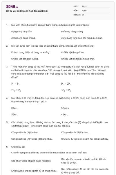 Đề thi Vật Lí 8 Học kì 2 có đáp án (Đề 3)