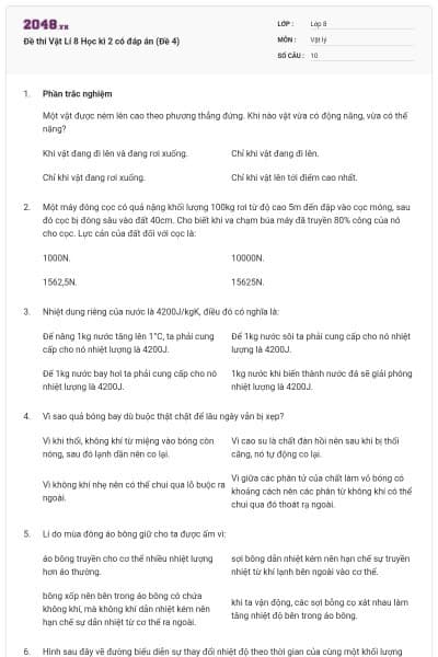 Đề thi Vật Lí 8 Học kì 2 có đáp án (Đề 4)