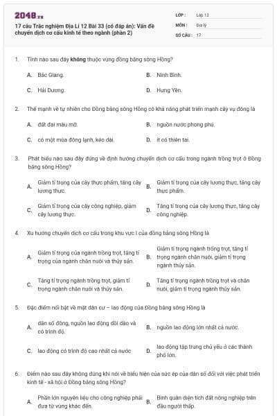 17 câu Trắc nghiệm Địa Lí 12 Bài 33 (có đáp án): Vấn đề chuyển dịch cơ cấu kinh tế theo ngành (phần 2)