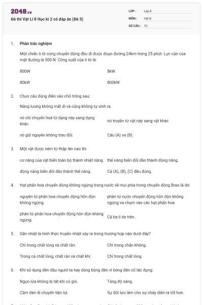 Đề thi Vật Lí 8 Học kì 2 có đáp án (Đề 5)
