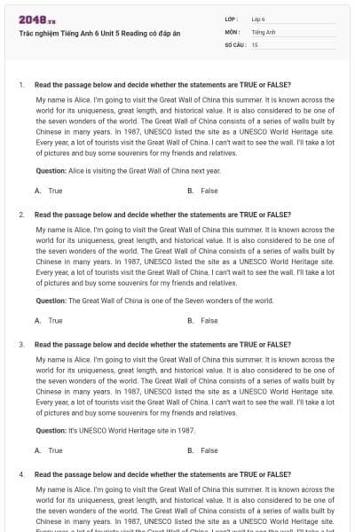 Trắc nghiệm Tiếng Anh 6 Unit 5 Reading có đáp án