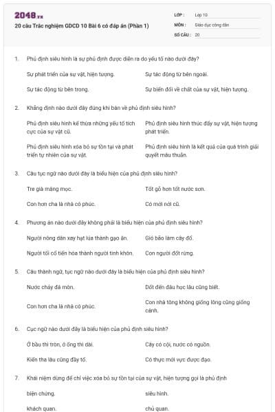 20 câu Trắc nghiệm GDCD 10 Bài 6 có đáp án (Phần 1)