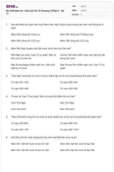 Bộ 4  Đề kiểm tra 1 tiết Lịch Sử 10 Chương 2 (Phần 2 - Đề 1)