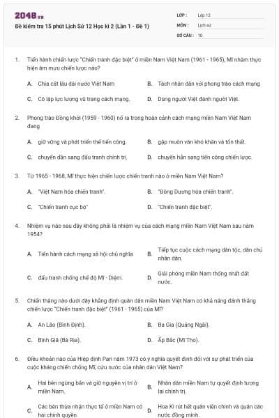 Đề kiểm tra 15 phút Lịch Sử 12 Học kì 2 (Lần 1 - Đề 1)